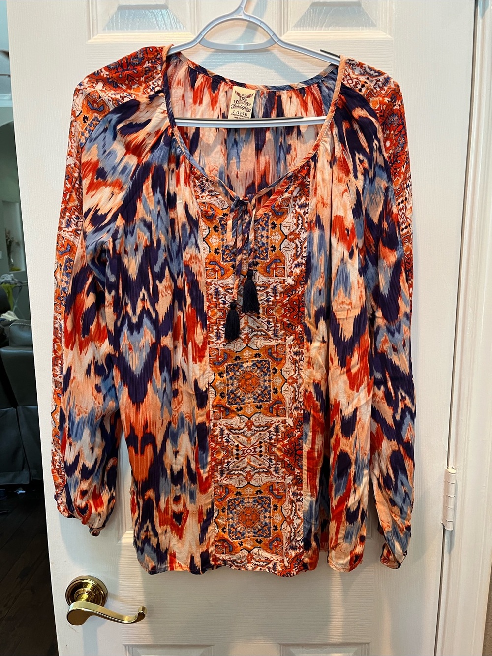 Faded Glory Multi-Color Printed Peasant Tunic - Navy, Orange & Cream